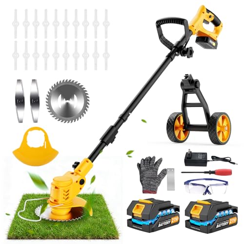 Image of Electric Weed Wacker Cordless, Electric String Trimmer with 3 Types Blades & Removable Auxiliary Wheels, Brush Cutter & Grass Trimmer & Lawn Edger with for Garden Yard (YellowB)