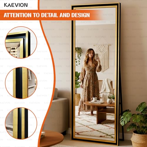 Image of Full Length Chavel Mirror, 5.25 Feet Standing, Leaning, Wall-Mounted or Floor Mirror with Black & Golden Frame, Rectangular 5MM HD Glass Mirror for Bedroom, Living Room or Home Dcor