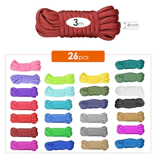 Paracord Set, 26 Stück 4mm Paracord 550 Nylonschnur, 26 Farben 3M Multifunktionale Nylonseile Zeltseil, Paracord Schnur für DIY Armband, Schlüsselbund, Camping Outdoor Sport
