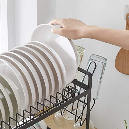 Dish Drying Rack, 2-Tier Dish Rack and Drain Board Set, Kitchen Organizer with Swivel Spout, Utensil Holder, Cup Holder and Dish Drainer for Kitchen Counter (Black)