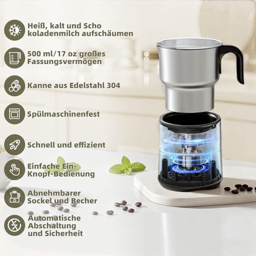 NAPASA 500ml Elektrisch Milchaufschäumer für Milchschaum & Heiße Milch, 4-in-1 Elektrischer Milchschäumer Induktion, Abnehmbare Behälter,Spülmaschinenfest, Milk Frother für Latte Cappuccino Macchiato – Bild 2