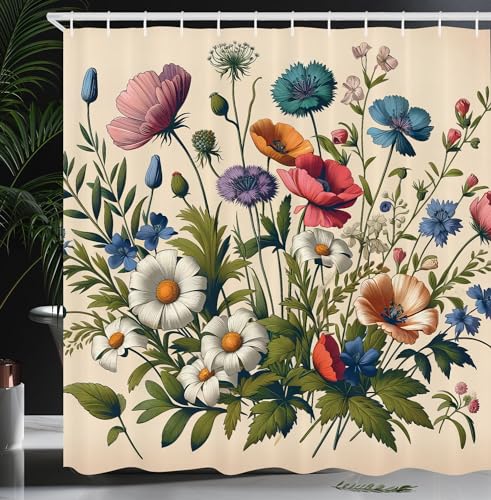ABAKUHAUS Blumiger Eukalyptus Duschvorhang, Farbenfrohe blühende Wiesen Wildblumen Botanik Thema, Stoffliches Gewebe Badezimmerdekorationsset mit Haken, 175 x 200 cm, Champagner Mehrfarbig