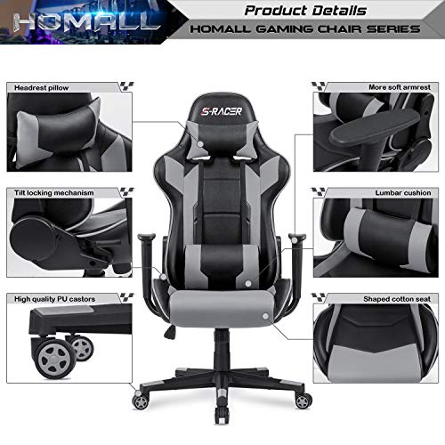 Homall Gaming Chair, Office Chair High Back Computer Chair Leather Desk Chair Racing Executive Ergonomic Adjustable Swivel Task Chair with Headrest and Lumbar Support (Grey)