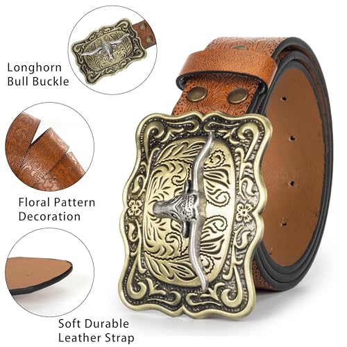 Western-Cowboy-Belts for Women Men Vintage Floral-Engraved Bull Head Buckle Cowgirl-Waist-Belt for 25 to 38" Waist2