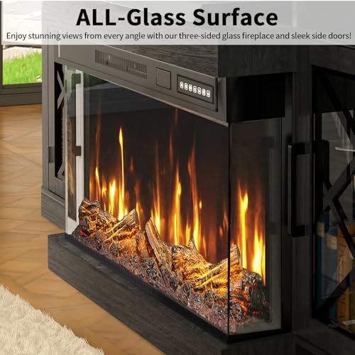 Image of BREEZEHEAT Fireplace TV Stand for TVs up to 75 inch, 3-Sided Electric Entertainment Center with 30 inch LED Fireplace, Media Console w /Storage Cabinet & Glass Doors, 65Inch, Black