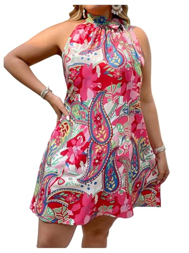 Floerns Vestido corto de cachemira floral para mujer, talla grande, sin mangas, acampanado, Rosa Multi, 3XL/ más