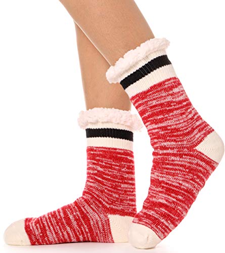 Womens Slipper Socks Cozy Plush Cabin Fleece lined Non Skid Stocking Stuffers with Gripper Fluffy Fuzzy Winter Huggle Socks?Stripe (Red)?