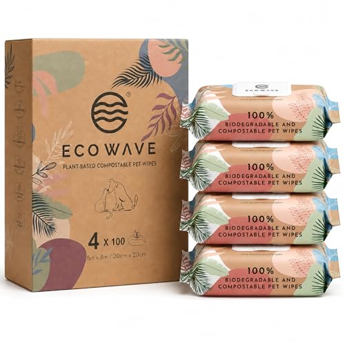 Image of Eco Wave Hypoallergenic Plant-Based Pet Wipes, Dog and Cat Grooming Wipes for Face, Ears, Body, Butt, and Paws, Fragrance Free, Compostable, 400 Count