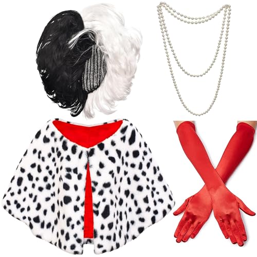 ZeroShop Halloween Costume Women 2022,Black and White Wig, Red Gloves,Dalmatian Shawl Scarf,Necklace Accessories Fancy Dress Costume