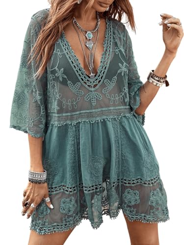 MakeMeChic Women's Short Sleeve Plunging Beach Cover Up Dress Swimsuit Cover Up