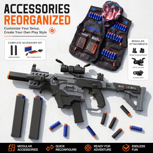 SOFITEN Toy Gun Automatic Sniper Rifle with Tactical Vest Kit, Scope Toy Foam Blaster Dart Toys with 120 Darts IR and Flashlight Shooting Outdoor Activity Game Birthday Xmas Gift for Kids Age 8+ - image 2