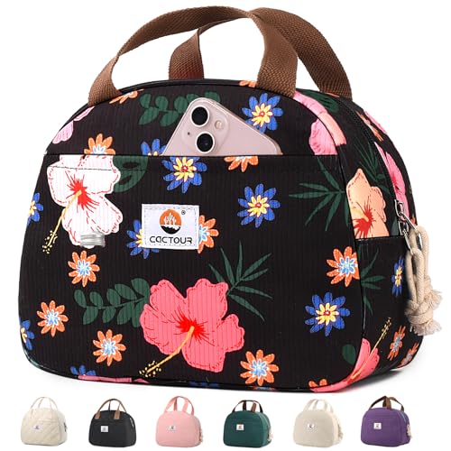 CaCTOUR Lunch Box for Women Girls Teens,Cute Lunch Box Cooler Bag, Portable Insulated Small Lunch Bag Women Reusable Corduroy Lunch Tote for Work/Travel/Picnic/School (Flower)