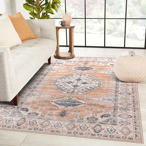 vivorug 3x5 Rug, Small Area Rug for Living Room, Bedroom, Kitchen, Machine Washable Non-Slip Throw Rug, Vintage Distressed Carpet for Entryway Nursery Dinner Room, Orange