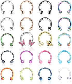 YADOCA 20Pcs 16G Surgical Steel Horseshoe Nose Septum Rings Piercing Jewelry Cartilage Helix Tragus Daith Earring Hoop Lip Horseshoe Piercing for Women Men 8mm 10mm