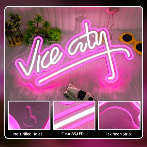 Image of Vice City Neon Sign Pink Letter Dimmable LED Wall Light for Bar Party Decor | 18.5x11.4 in,Five level brightness adjustment,USB powered,For Game Room,Bar,Club,Store Man Cave,Gaming Zone,Party