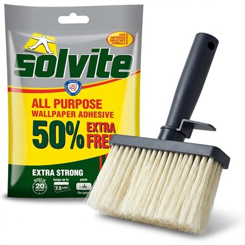 Solvite All Purpose Wallpaper Paste & Pasting Brush Bundle | Mixes in 20 Seconds | Covers up to 7.5 Rolls | Suitable for Vinyl Lining Embossed & Heavy Wallpapers | With Fungicide