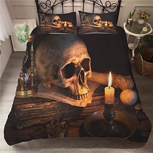 Juego de Ropa de Cama Microfibra, Morbuy 3D Gótico Misterioso Terror Cráneo Impresión Juego de Fundas de Edredón para Decoración Familia (Cama 150/160-220x240cm,Calavera Vanitas)