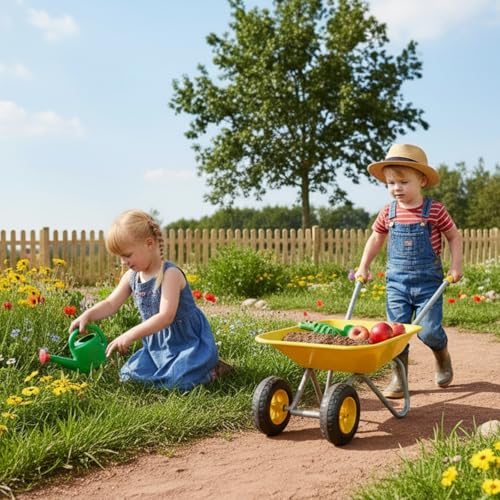 Image of Kids Gardening Tool Set Wheelbarrow 2 Wheel Metal Wheelbarrow Toys (Yellow) | Children Toddler Wheelbarrow Birthday Gift for Kid Wheel Barrow All Seasons Digging Weed,Sand,Sweeping Leaves,Snow