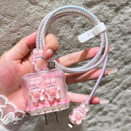 Image of Protective Charger Case for iPhone 18W 20W iPhone 15 14 13 12 11 Pro Max Charging Cable Charger Protective Cover Data Cable Protective Sleeve -(Pink Rabbit)