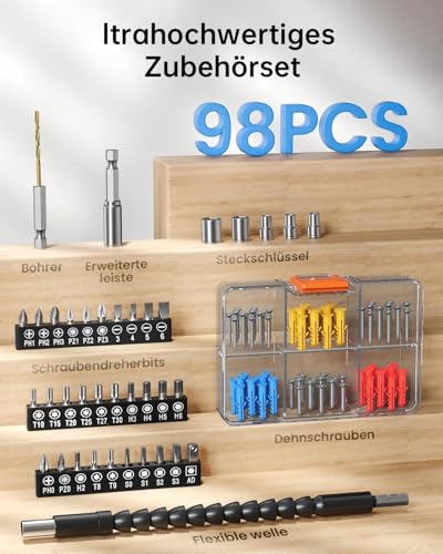 VIWKO 12V Akkuschrauber, Akkuschrauber Klein, 25+1 Drehmomenteinstellung Akkubohrer, 98tlg Zubehör, LED-Licht, 10mm Bohrfutter, 25Nm Drehmoment, 2000 mAh Akku, Akku Bohrschrauber für Reparatur & DIY 2