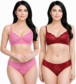Swapn Enterprise Women's Lace Lingerie (Pack of 2) | Soft & Breathable Fabric | Bra Panty Set for Women and Girls | Honeym... Price In India