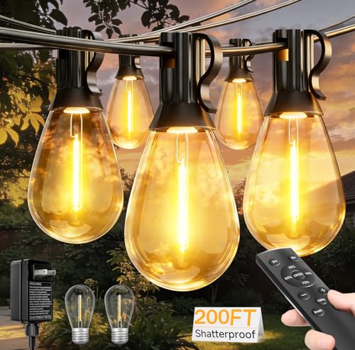 Tenmiro 200FT LED Outdoor String Lights with Remote, 72+2 Shatterproof Bulbs Dimmable Timing 3 Light...