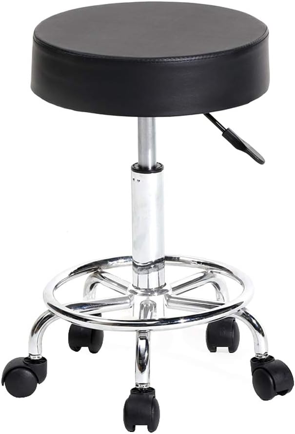 PU Leather Round Rolling Stool with Foot Rest Swivel Height Adjustment Medical Spa Drafting Salon Tattoo Work Office Massage Stools Task Chair ,Kitchen,Salon,Bar,Office,Massage (Black1 (no backrest))