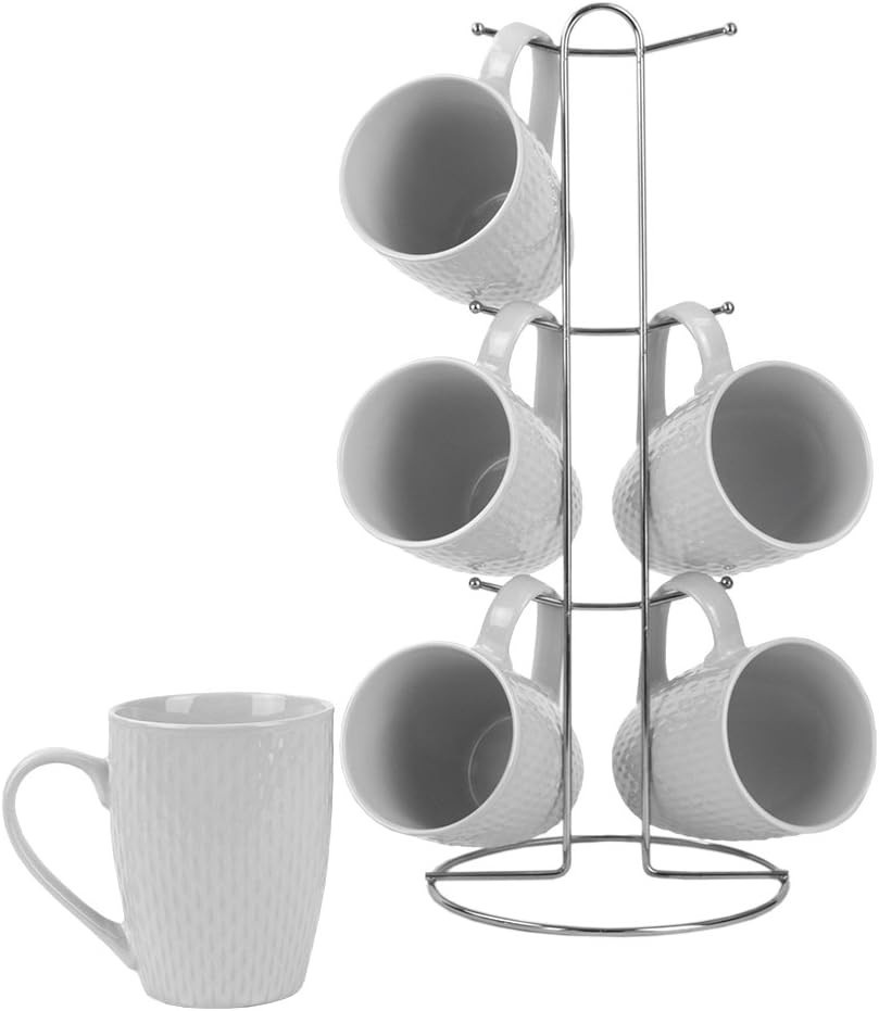 Home Basics 7 Piece Diamond Basket Weave Mug Set - 6 11 oz Mugs and Mug Stand - Add A Fun and Stylish Decorative Display For Your Kitchen (White)