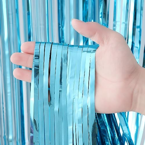 Image of Voircoloria 4 Pack 3.3x8.2 Feet Light Blue Foil Fringe Backdrop Curtains, Tinsel Streamers Birthday Party Decorations, Fringe Backdrop for Graduation, Baby Shower, Gender Reveal, Disco Party
