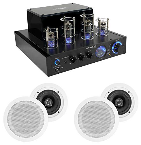 Rockville Bundle: (1) BluTube LED 70w Bluetooth Tube Amplifier/Home Stereo Receiver Bundle with (4) HC55 White 5.25