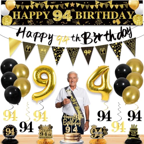 Image of 94th Birthday Decorations for Men, Black Gold 94th Party Decorations