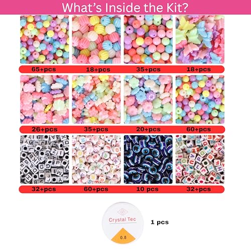 Image of ambitieux Bracelet Making Craft Kit 12 Types of Colorful 400+ pcs of Plastic Beads with Elastic - (Light Open Multicolor 3)
