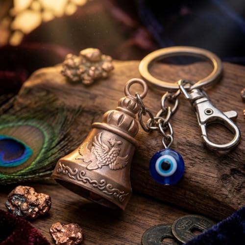 Image of OTTAVO Premium Guardian Bell Keychain for Bike & Car | Tibetan Texture Bell Keychain with Evil Eye & Silver Hook | Good Luck Charm with Laser-Engraved Wooden Gift Box