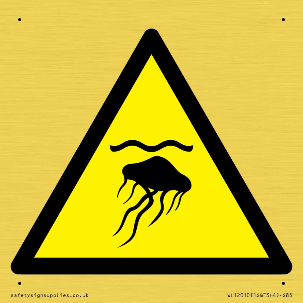 W069 Warning: Jellyfish Sign - 85x85mm - S85, Yellow/White