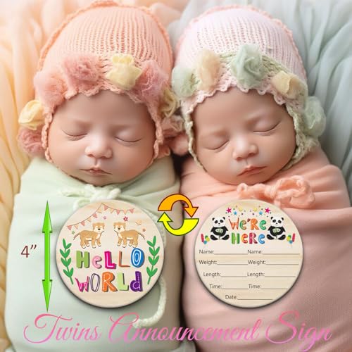 Image of 14 Designs Safari Twin Baby Monthly Milestone Cards Sign, 1-12 Months Wooden Photo Props for Twins, Gender-Neutral Twin Baby Shower Cards, Twins Memory Book Essentials (Twins Monthly Milestone)