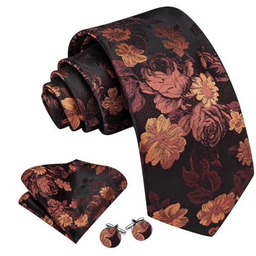 Image of Barry.Wang Flower Ties for Men Silk Woven Floral Tie Sets Necktie Handkerchief Cufflinks Wedding Party