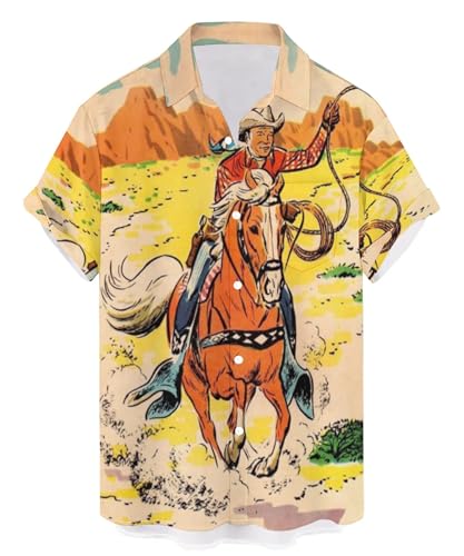 QIVICIMA Men's Retro Bowling Shirts Cowboy Western Shirt 50s Rockabilly Style Button Down Shirts Vintage Style Camp Shirt 1 E35 Cowboy Yellow St XXXL