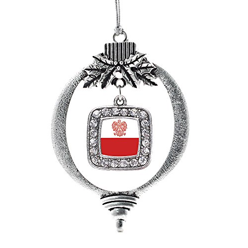 Inspired Silver - Polish Flag - Silver Christmas Ornament - Square Charm Christmas Tree Ornament with Cubic Zirconia - Holiday Hanging Decoration