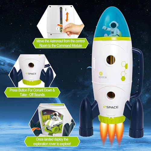 weiclianhp Raketen Spielzeug für Kinder, Space Rakete Spielzeug mit Licht-und Soundeffekten, Space Rocket mit Astronauten, Space Rover-Fahrzeug für Jungen Mädchen ab 3 Jahren