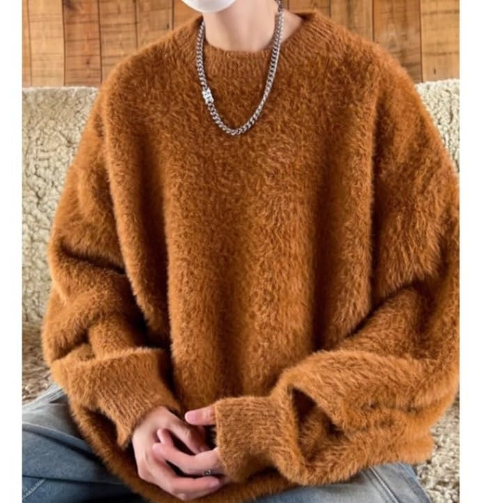 Men's Solid Fluffy Knitted Sweaters Vintage Loose Warm Unisex Crewneck Knitted Tops Pullovers4