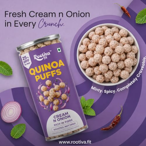 Image of ROOTIVAFIT Quinoa Puffs Cream & Onion Flavour, Roasted Not Fried, Rich in Fibre, Ready-to-Eat Snack, 80 g, Pack of 2
