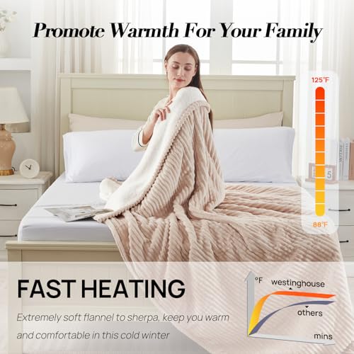 Westinghouse Queen Size Electric Blanket, Flannel to Sherpa Reversible, Heated Blanket Queen with Dual Control 10 Heating Settings & 1-12 Hours Auto Shut Off, Machine Washable, (84" x 90", Beige)