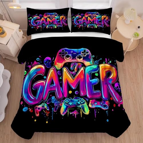 Gaming Bedding Set Full/Queen Size Gamer Comforter for Kids Boys Teen Men Oil Painting Bedroom Decor Quilt Bed Sets, 1 Comforter 2 Pillowcases,(Rainbo