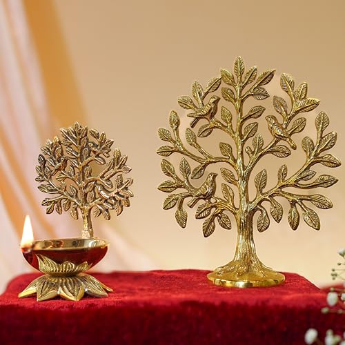 Image of BEHOMA Brass Kalpvriksh Tree with Birds (5.9 inch) & Kalpavriksha Diya (4.1 inch) Combo | Kalpavriksha Tree of Life Showpiece for Table | Vastu Home Decor & Puja Temple Ornament | Good Luck Gift