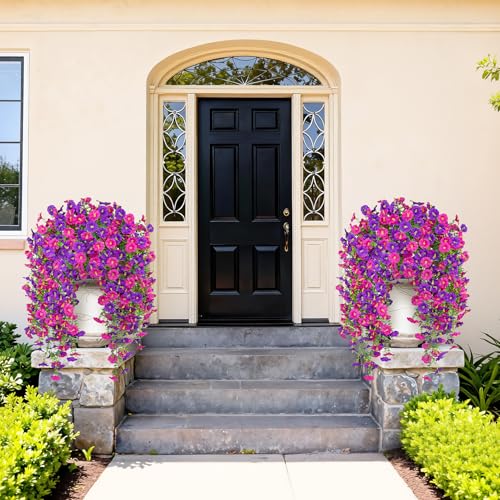 Image of Bassion 2 Packs Artificial Hanging Flowers for Outdoors, Purple Fuschia