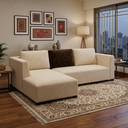Image of FURNY Olympus 4 Seater LHS L Shape Sofa Set | Plush Velvet Suede Fabric | Modern Design | Soft Comfort Dual Color Cushions for Living Room, Office & Hotels (Cream-Dark Brown)