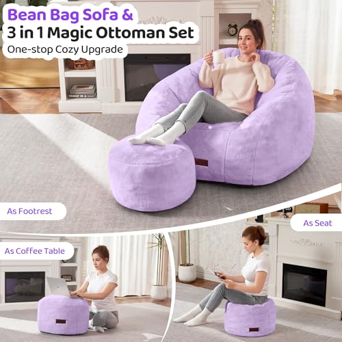 Image of HABUTWAY Bean Bag Chair, Giant Bean Bag Chairs for Adults with Ottoman, Comfy Faux Fur Shell-Shaped Bean Bag Couch, Sofa Chair for Living Room, Bedroom, Purple