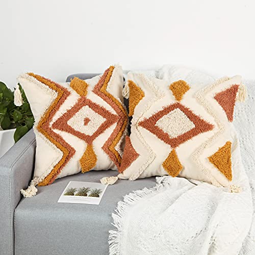 Merrycolor Boho Throw Pillow Covers 18X18, Decorative Pillow Covers With Tassels Woven Tufted Bohemian Pillow Covers For Couch Sofa Bedroom Living Room (Orange) #TOP5