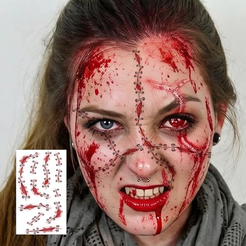 Image of 17 Sheets Scary Bloody Scar Tattoos Halloween Temporary Tattoos Face Stitch Wound Sticker, Realistic 3D Horrible Bite Scratch Fake Tattoos For Halloween Costume Vampire Zombie Makeup Party Accessories