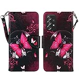 ZASE Samsung Galaxy A32 5G Wallet Phone Case for Women Pouch PU Leather Flip Folio Cute Design Cover w/Kickstand ID Card Slot Wrist Strap Compatible with Galaxy A32 5G 2021 (Hot Pink Butterfly)